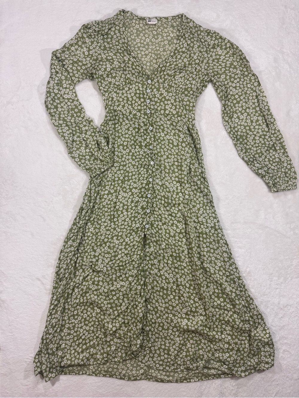 Billabong Olive Green Floral Button Front Long Sleeve Maxi Dress XS
